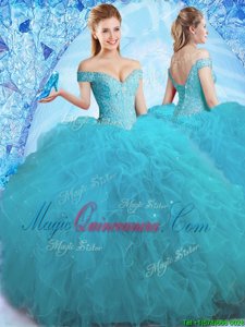 Off the Shoulder Teal Sleeveless Beading and Ruffles Floor Length Sweet 16 Dresses