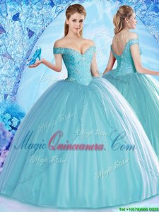 Custom Fit Off the Shoulder Aqua Blue Sleeveless Tulle Lace Up Sweet 16 Quinceanera Dress for Military Ball and Sweet 16 and Quinceanera