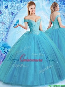 Hot Selling Off the Shoulder Sleeveless Tulle With Brush Train Lace Up 15th Birthday Dress in Teal for with Beading