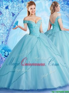 Aqua Blue Ball Gowns Off The Shoulder Sleeveless Tulle With Brush Train Lace Up Beading Sweet 16 Dresses