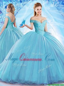 Latest Off The Shoulder Sleeveless Organza Quinceanera Dresses Beading Brush Train Lace Up