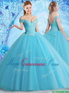 Aqua Blue Tulle Lace Up Off The Shoulder Sleeveless Floor Length Quinceanera Dress Beading and Lace