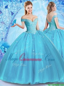 Lovely Baby Blue Off The Shoulder Lace Up Beading 15th Birthday Dress Sleeveless