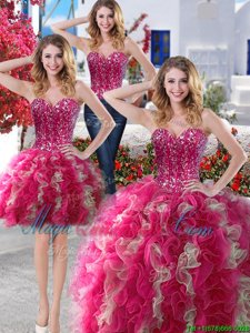 Exceptional Three Piece Hot Pink Lace Up 15 Quinceanera Dress Beading Sleeveless Floor Length