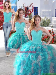 Charming Three Piece Sleeveless Organza Floor Length Lace Up Vestidos de Quinceanera in White and Baby Blue for with Beading