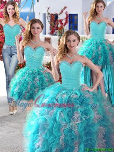 Four Piece Floor Length Ball Gowns Sleeveless White and Baby Blue Quinceanera Gowns Lace Up