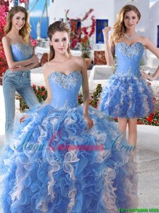 Three Piece Floor Length Ball Gowns Sleeveless Blue And White 15 Quinceanera Dress Lace Up
