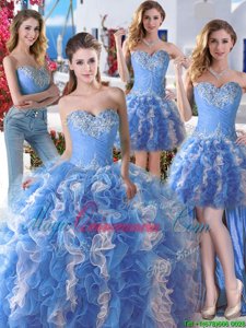 Designer Four Piece Sweetheart Sleeveless Lace Up Quinceanera Dresses Blue And White Organza
