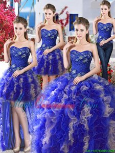 High Class Four Piece Floor Length Blue Quinceanera Dress Sweetheart Sleeveless Lace Up