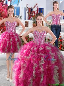 Three Piece White and Hot Pink Quinceanera Dress Military Ball and Sweet 16 and Quinceanera and For with Beading Sweetheart Sleeveless Lace Up