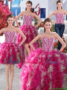 Delicate Four Piece Sweetheart Sleeveless Vestidos de Quinceanera Floor Length Beading White and Hot Pink Organza
