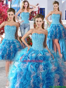 Deluxe Four Piece Sleeveless Organza Floor Length Lace Up Quinceanera Dress in White and Baby Blue for with Beading