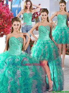 Unique Four Piece White and Turquoise Sweetheart Lace Up Beading Quinceanera Gown Sleeveless