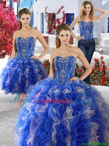 Latest Three Piece Blue Ball Gowns Sweetheart Sleeveless Organza Floor Length Lace Up Beading Quinceanera Dress