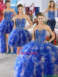 Four Piece Blue Organza Lace Up Quinceanera Gowns Sleeveless Floor Length Beading