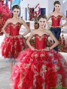 Three Piece Red Sleeveless Floor Length Beading Lace Up Sweet 16 Quinceanera Dress