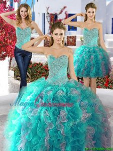 Designer Three Piece Organza Sleeveless Floor Length Quinceanera Gown and Beading
