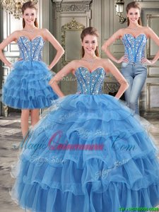 Captivating Three Piece Blue Sleeveless Beading and Ruffled Layers Floor Length Quinceanera Dresses