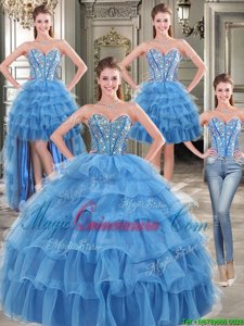 Glorious Four Piece Blue Sweet 16 Dresses Military Ball and Sweet 16 and Quinceanera and For with Beading and Ruffled Layers Sweetheart Sleeveless Lace Up