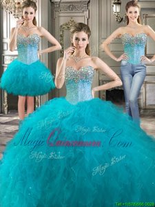 Three Piece Aqua Blue Sweetheart Neckline Beading and Ruffles Quinceanera Dress Sleeveless Lace Up