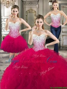 Cheap Three Piece Hot Pink Sweet 16 Dresses Military Ball and Sweet 16 and Quinceanera and For with Beading and Ruffles Sweetheart Sleeveless Lace Up