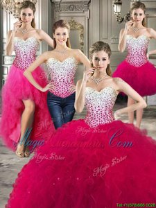 Four Piece Beading and Ruffles Quinceanera Gown Hot Pink Lace Up Sleeveless Floor Length