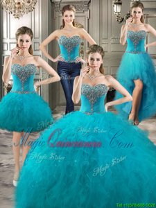 Four Piece Sweetheart Sleeveless Quinceanera Dresses Floor Length Beading and Ruffles Teal Tulle