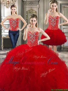 Smart Three Piece Red Ball Gown Prom Dress Military Ball and Sweet 16 and Quinceanera and For with Beading and Ruffles Sweetheart Sleeveless Lace Up