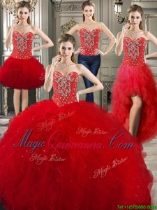 Modest Four Piece Red 15th Birthday Dress Military Ball and Sweet 16 and Quinceanera and For with Beading and Ruffles Sweetheart Sleeveless Lace Up