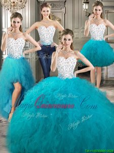 Nice Four Piece Sleeveless Floor Length Beading and Ruffles Lace Up Quinceanera Gown with White and Teal