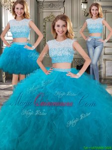Beautiful Three Piece Teal Ball Gowns Tulle Scoop Cap Sleeves Beading and Ruffles Floor Length Backless Vestidos de Quinceanera