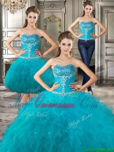 Three Piece Teal Sleeveless Tulle Lace Up Quinceanera Gown for Military Ball and Sweet 16 and Quinceanera