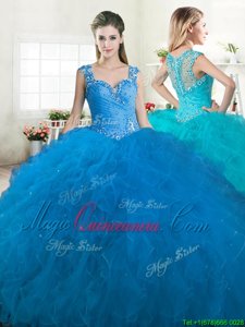 Blue Ball Gowns Straps Sleeveless Tulle Floor Length Zipper Beading and Ruffles Sweet 16 Quinceanera Dress