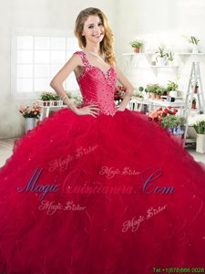 Straps Straps Sleeveless Floor Length Beading and Ruffles Zipper Quinceanera Dress with Red