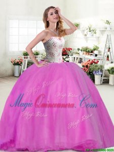 Lilac Ball Gowns Beading Sweet 16 Quinceanera Dress Lace Up Tulle Sleeveless Floor Length