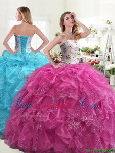 Hot Pink Ball Gowns Organza Sweetheart Sleeveless Beading and Ruffles Floor Length Lace Up Quinceanera Gown