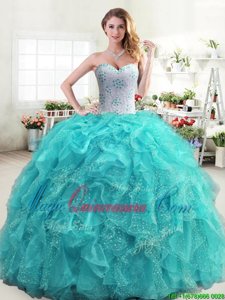 Sweetheart Sleeveless Sweet 16 Dress Floor Length Beading and Ruffles Aqua Blue Organza