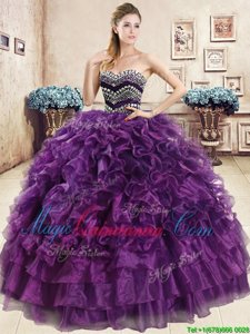 Purple Sleeveless Beading and Ruffles Floor Length 15 Quinceanera Dress