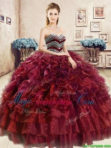 Floor Length Wine Red Quinceanera Dress Organza Sleeveless Beading and Ruffles