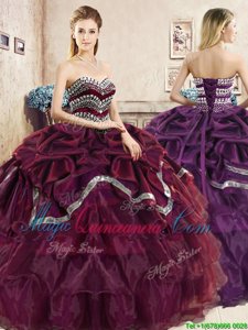 Stunning Pick Ups Ruffled Ball Gowns Quinceanera Gown Burgundy and Purple Sweetheart Organza Sleeveless Floor Length Lace Up