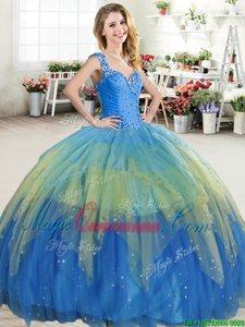 Ruffled Floor Length Multi-color 15th Birthday Dress Straps Sleeveless Zipper