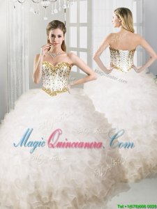 White Lace Up Vestidos de Quinceanera Ruffles Sleeveless Floor Length