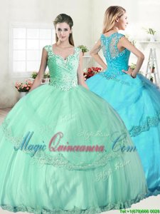 Wonderful Straps Straps Tulle Sleeveless Floor Length Quinceanera Gown and Beading and Lace and Appliques