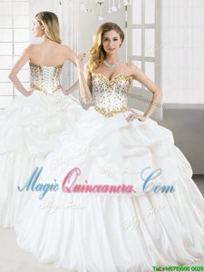 Noble Beading and Pick Ups Vestidos de Quinceanera White Lace Up Sleeveless Floor Length