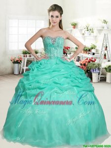 Fine Apple Green Ball Gowns Sweetheart Sleeveless Organza Floor Length Lace Up Beading and Pick Ups Quinceanera Gowns