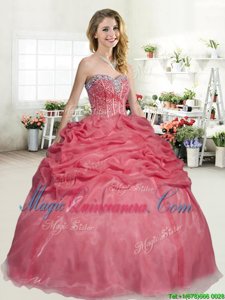 Coral Red Ball Gowns Beading and Pick Ups Sweet 16 Dress Lace Up Organza Sleeveless Floor Length