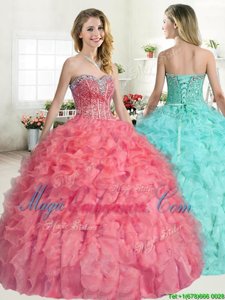 Floor Length Watermelon Red Sweet 16 Quinceanera Dress Organza Sleeveless Beading and Ruffles