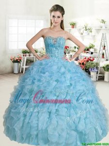 Excellent Baby Blue Organza Lace Up Sweetheart Sleeveless Floor Length Quinceanera Dress Beading and Ruffles
