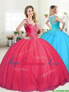 Straps Straps Coral Red Sleeveless Floor Length Beading Zipper Sweet 16 Dress