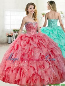 Exquisite Watermelon Red and Coral Red Lace Up Sweet 16 Dresses Beading Sleeveless Floor Length